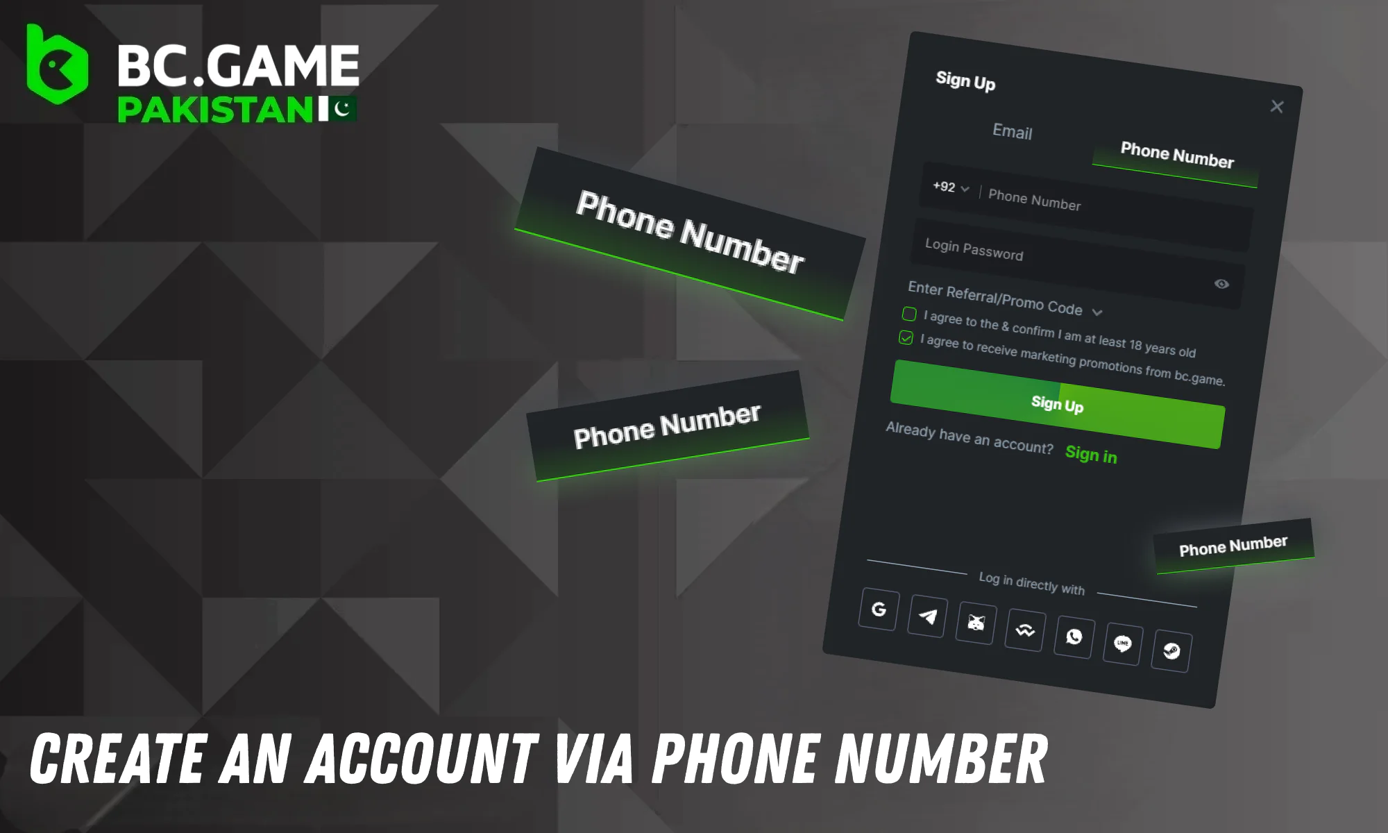 Create an account via Phone Number at BC Game