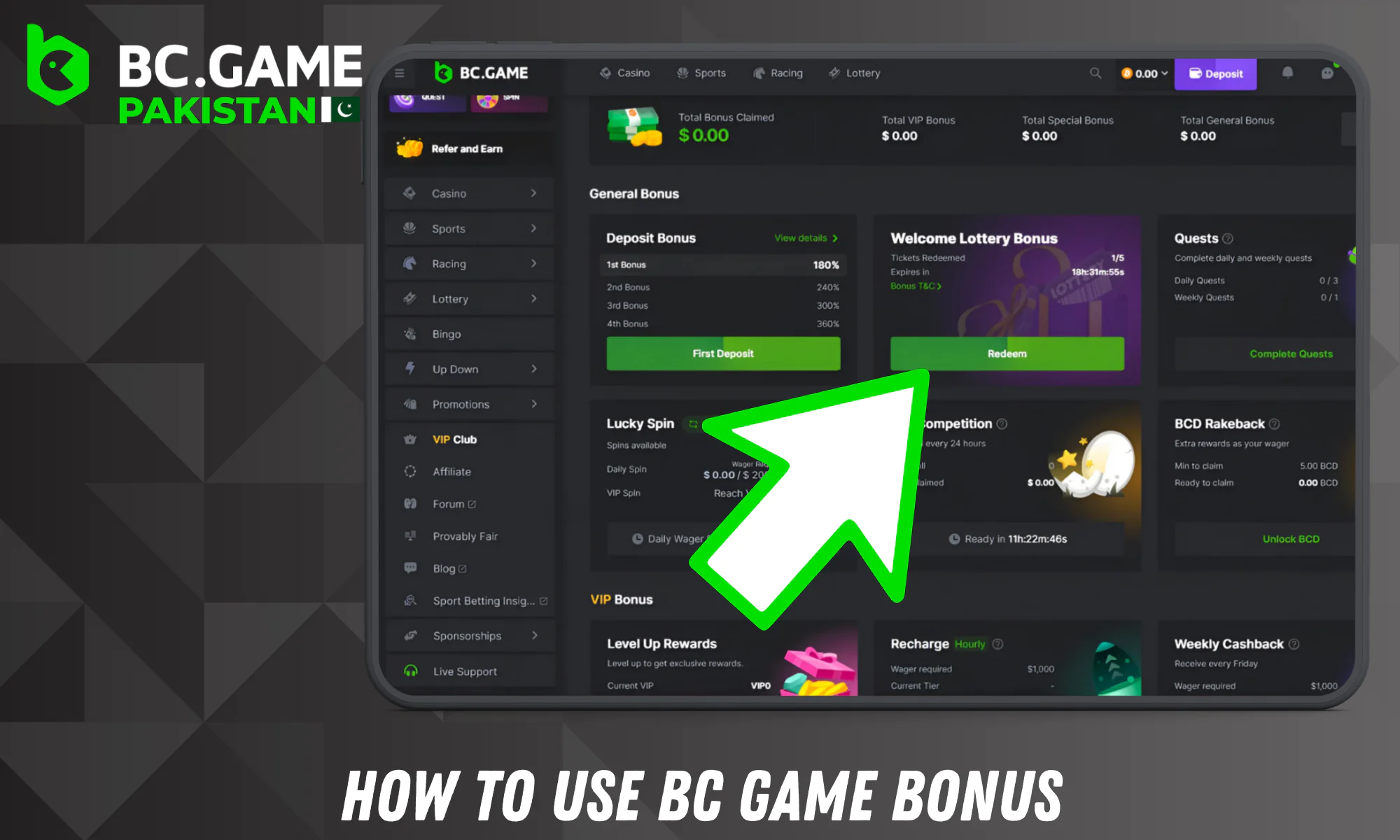 Step-by-step instructions on how to use bonuses in BC Game