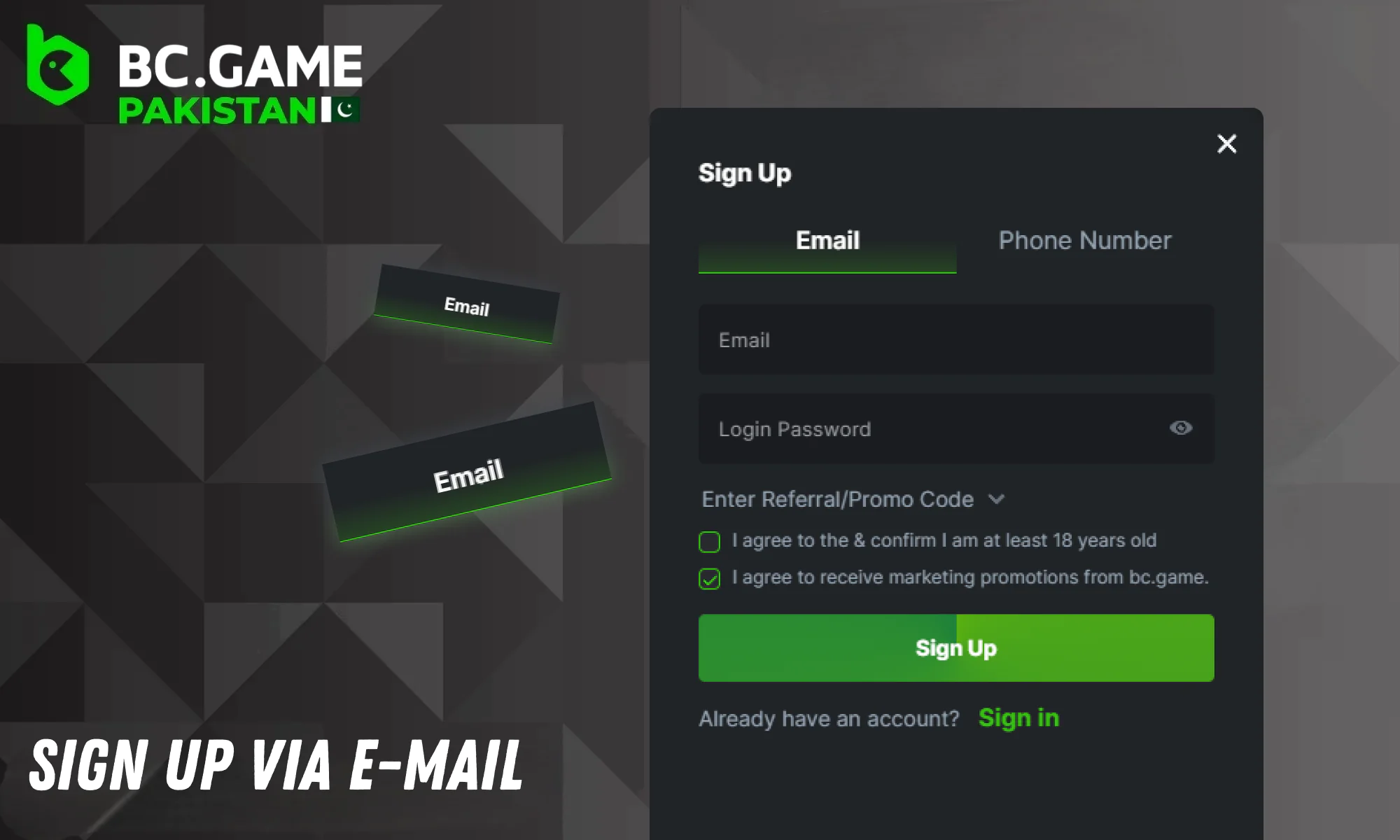 Create an account via E-mail at BC Game