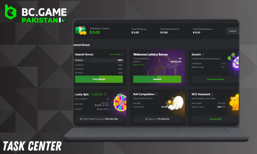 BC Game has a special task center where you can track your progress in receiving bonuses