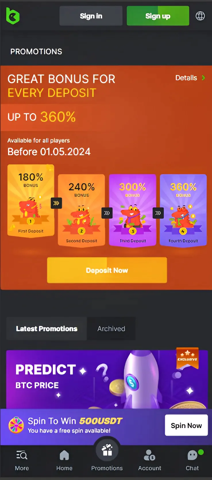 Screenshot of bonus offers in the app.