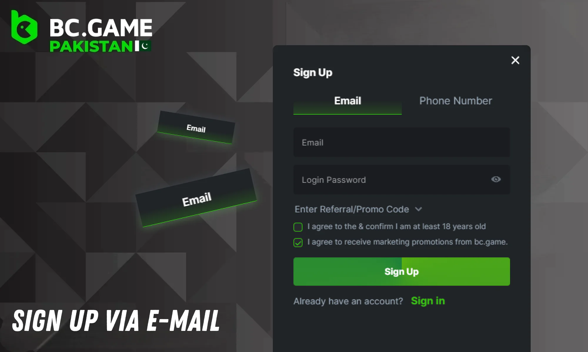 BC گیم پر ای میل کے ذریعے ایک اکاؤنٹ بنائیں