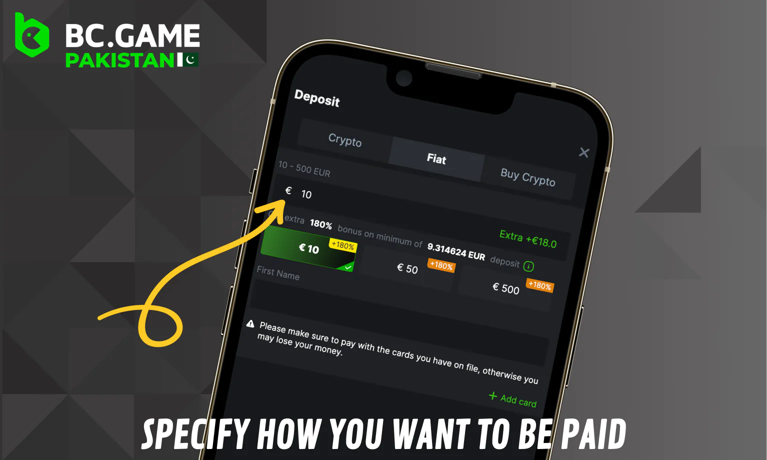 Specify payment details - BC Game for Pakistan