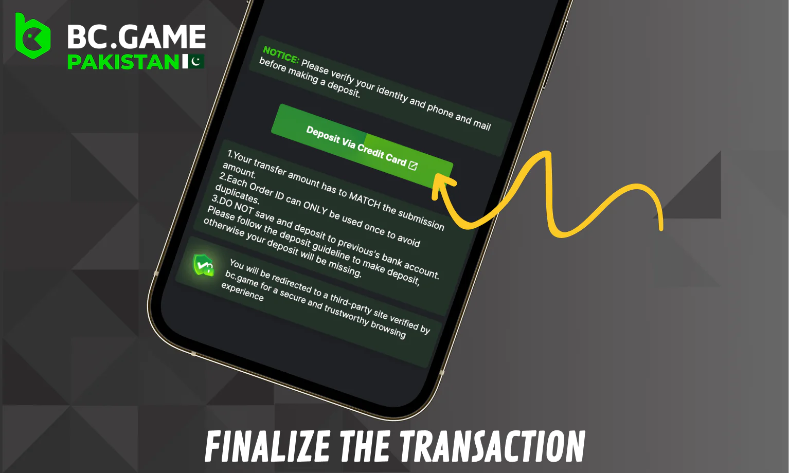 Finalize your deposit transaction - BC Game Pakistan