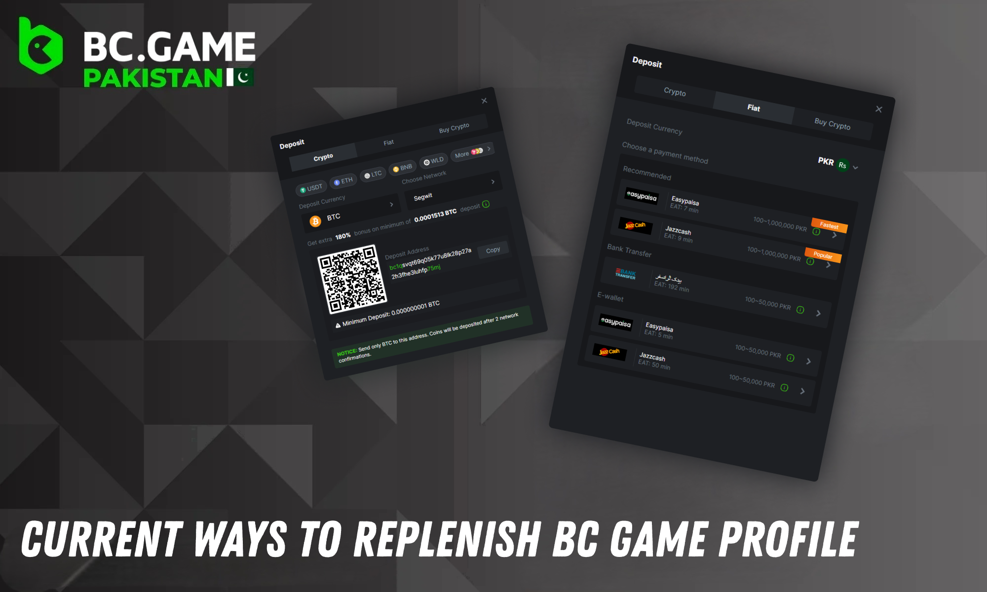 Available deposit methods on BC Game for users